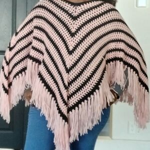 Pink and Black Chevron Fringe Sweater Poncho